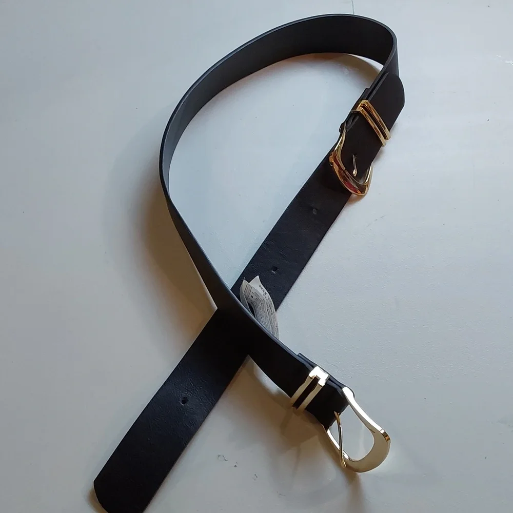 Womens Edgy Black Leather Belt with Double Gold Buckles Adjustable Mod Sz.M/L